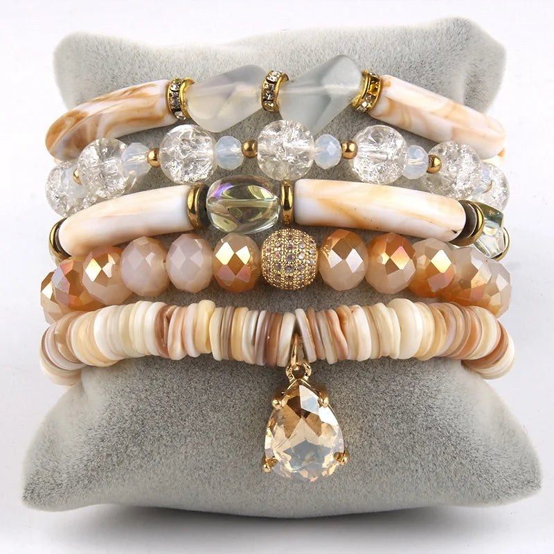 New Arrival Fashion Bohemia Women Jewelry Gemstone Acrylic Crystal Glass Bracelet Drop Charm 5pc Stack Stretch Bracelet