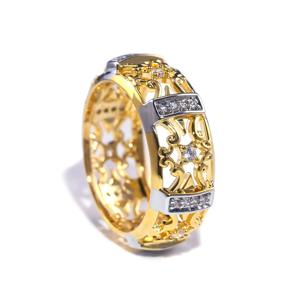 Two Tone Electroplating Brass Romantic Gemstone Ring with Hollow Out Zircon Jewelry Unisex New Design