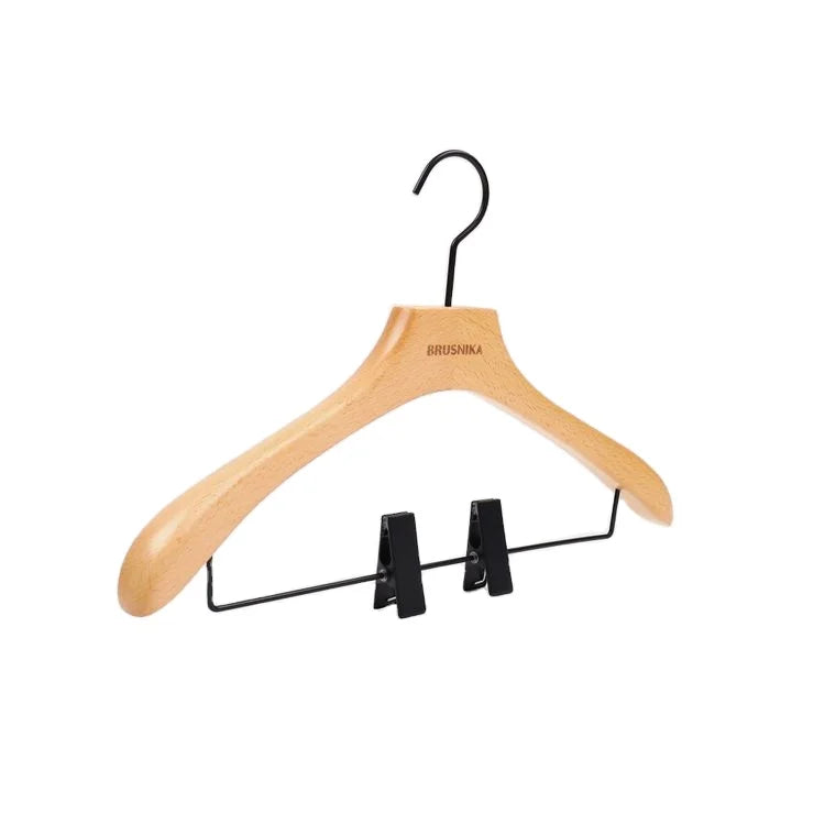 Hanger Supplier Wholesale High Quality Eco-Friendly Space Saving Natural Color Wooden Hanger with Non Slip End Clip for Wardrobe