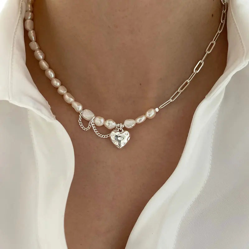 925 Sterling Silver Love Heart Baroque Pearl Bracelets Chain Choker Necklace for Women