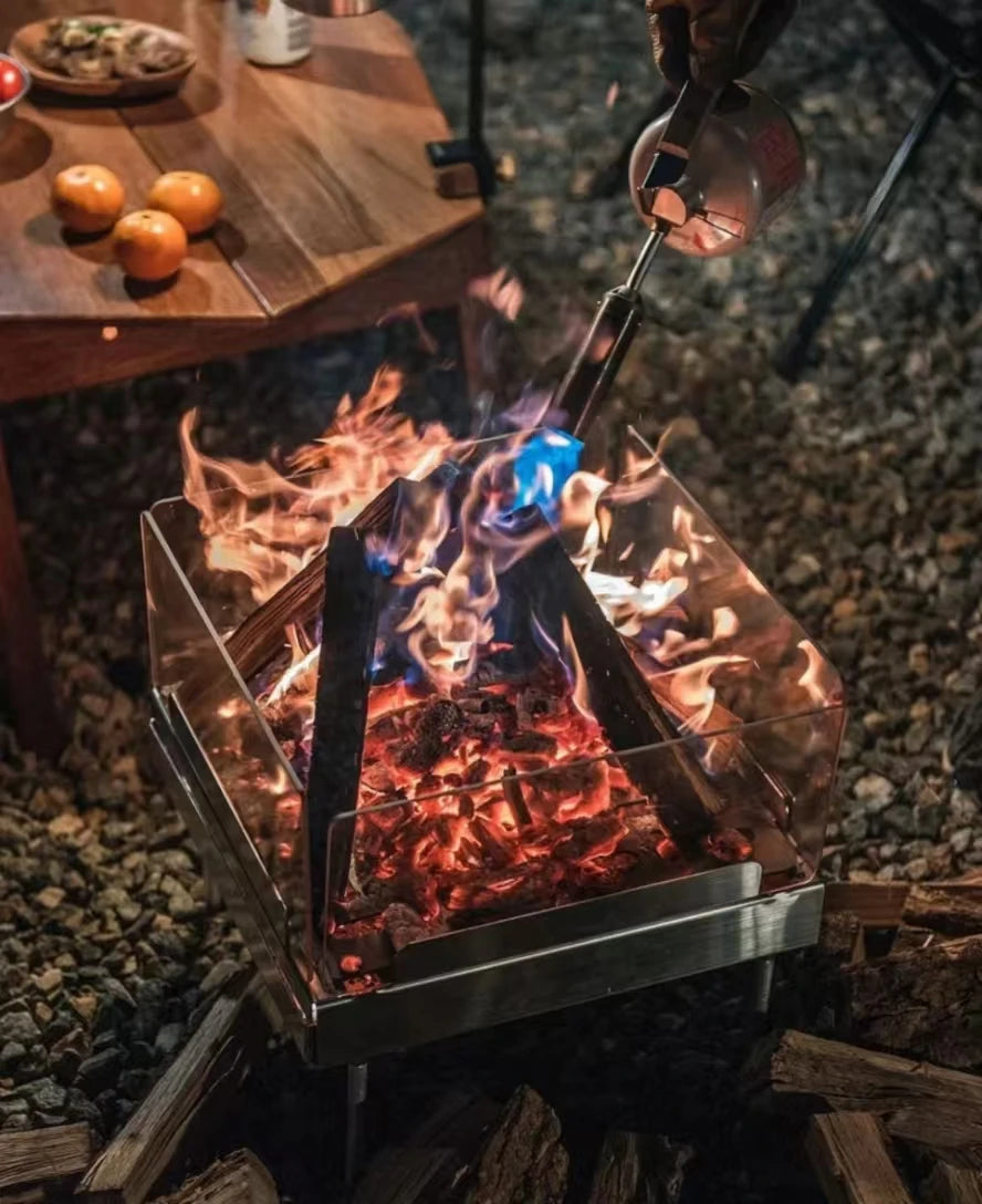 Portable Durable Silver Modern Four-Sided Glass Fire Pit with New Foldable Design Stainless Steel BBQ for Camping & Hiking