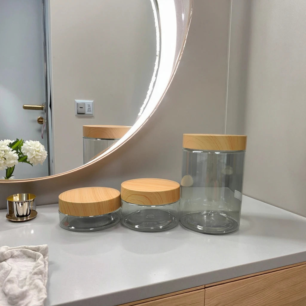 Wood Grain Lid PET Jars 250ml 500ml Clear Plastic Containers for Cream Lotion Food Storage round Pattern 100ml Capacity