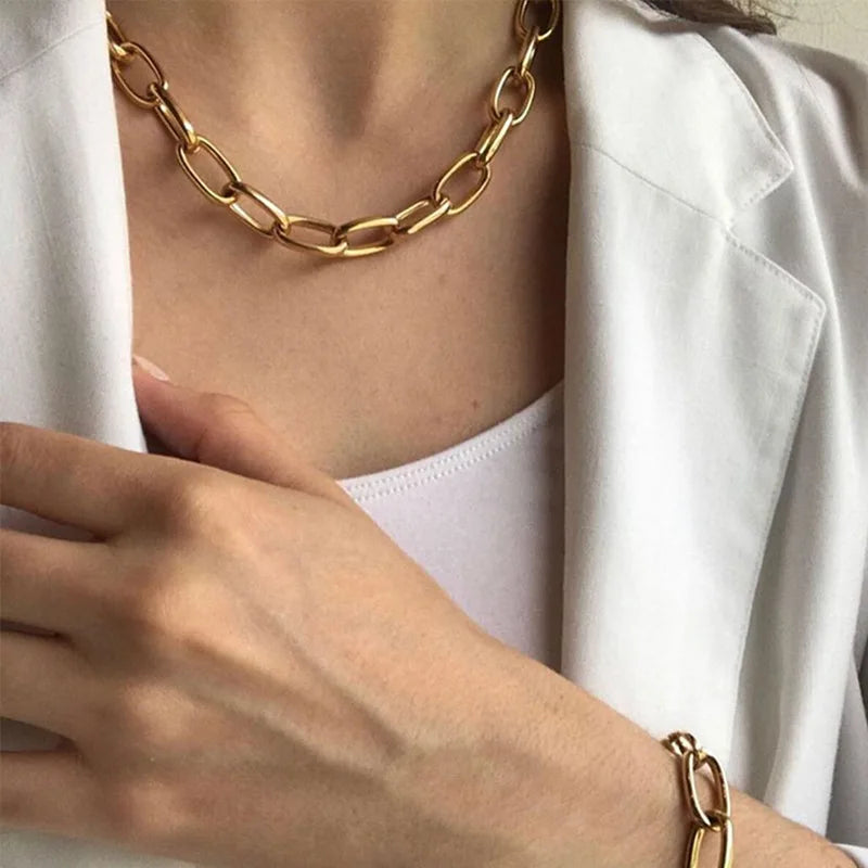Ilona Trendy 18K Gold Plated Stainless Steel Link Chain Necklace Fashion Jewelry with Chunky Style