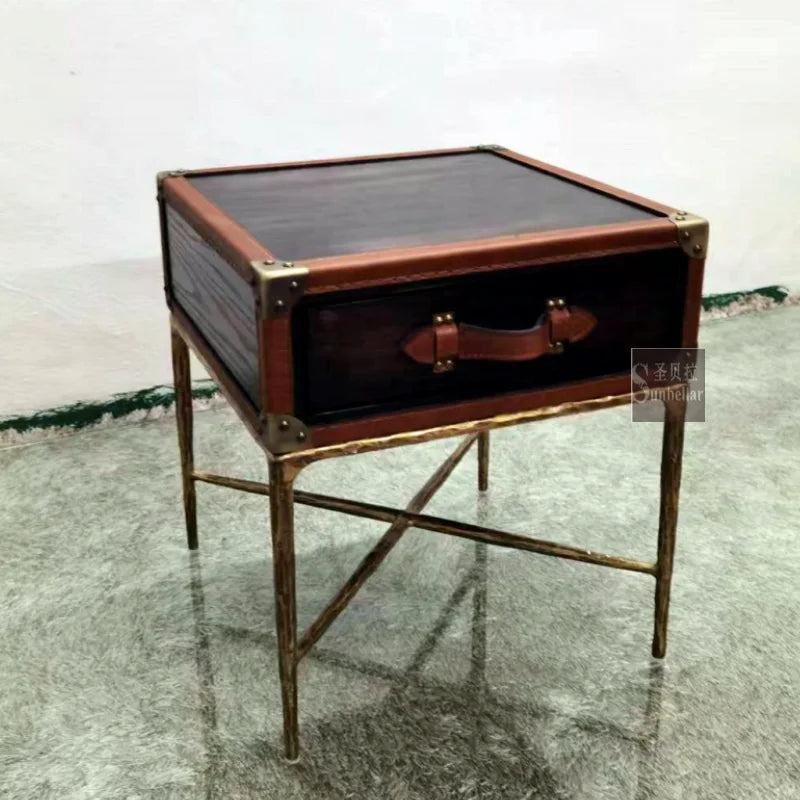 OEM ODM Industrial Vintage Antique Gold Small Living Room Coffee Table Solid Wood Trunk Case Metal Iron Forged Home Furniture