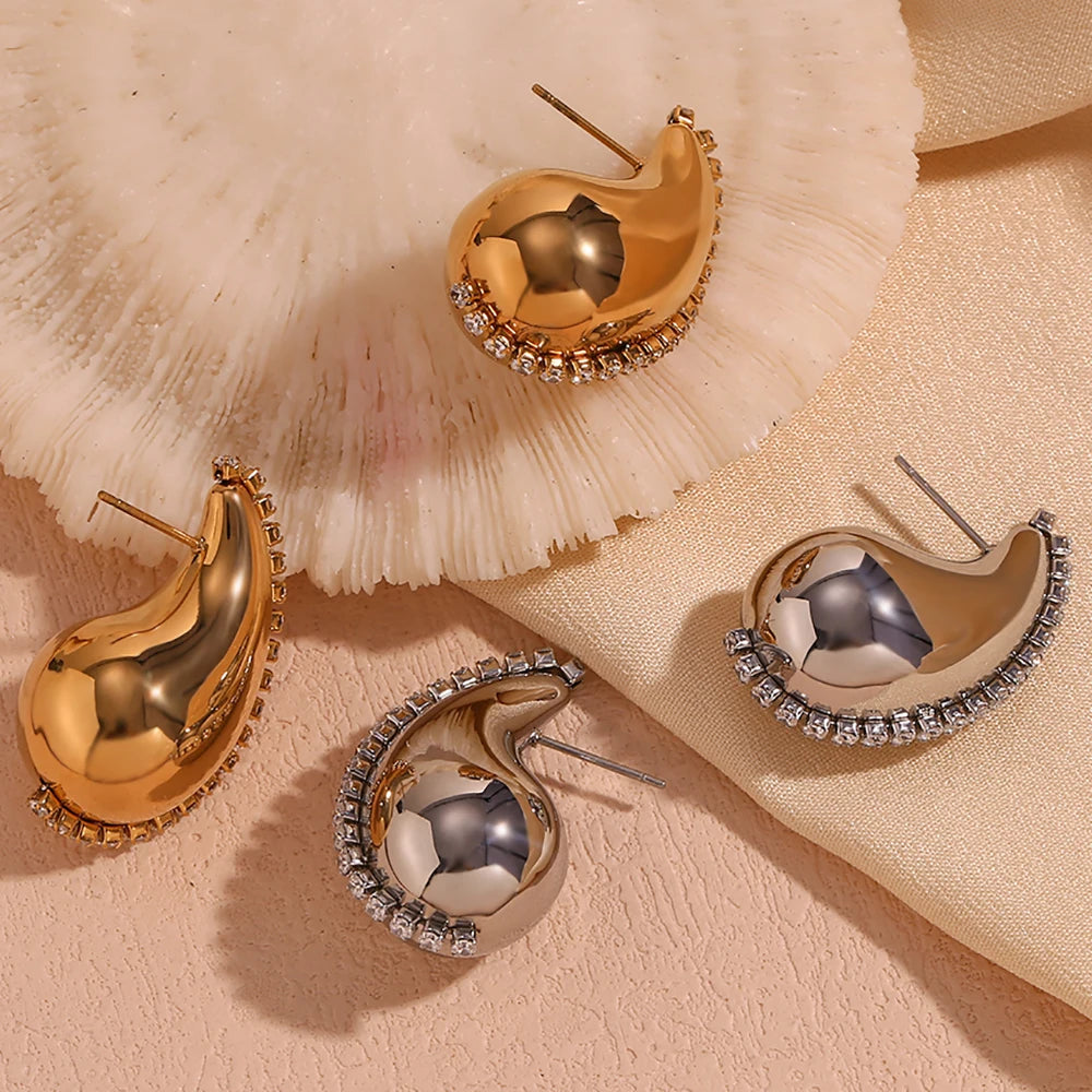 Guarantee Dreamshow Luxury Shining Zircon Water Drop Stud Earring 18K Gold Plated Stainless Steel Jewelry Boucles D'oreilles
