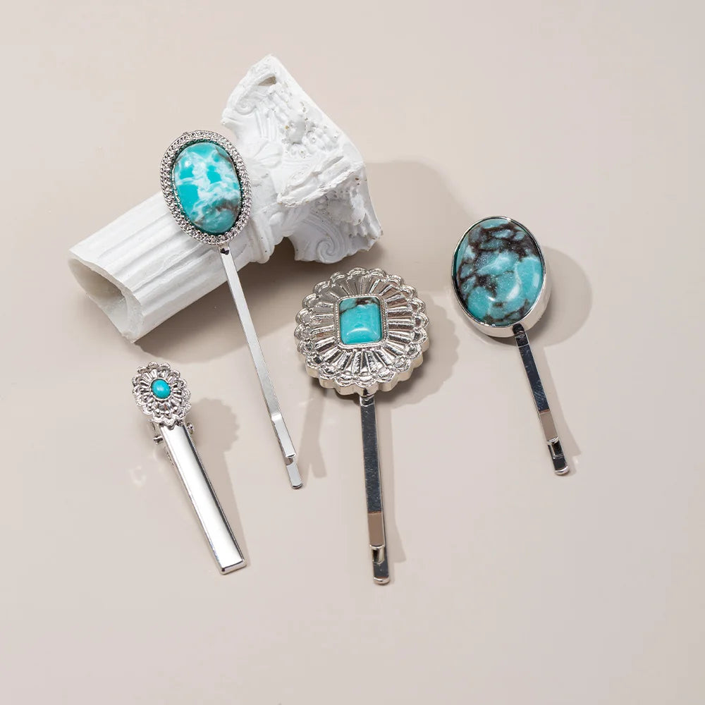 Ins Korean Fancy Natural Stone Clip Multi Colors Gold Plated Daily Turquoise Hair Pins for Women Accessories