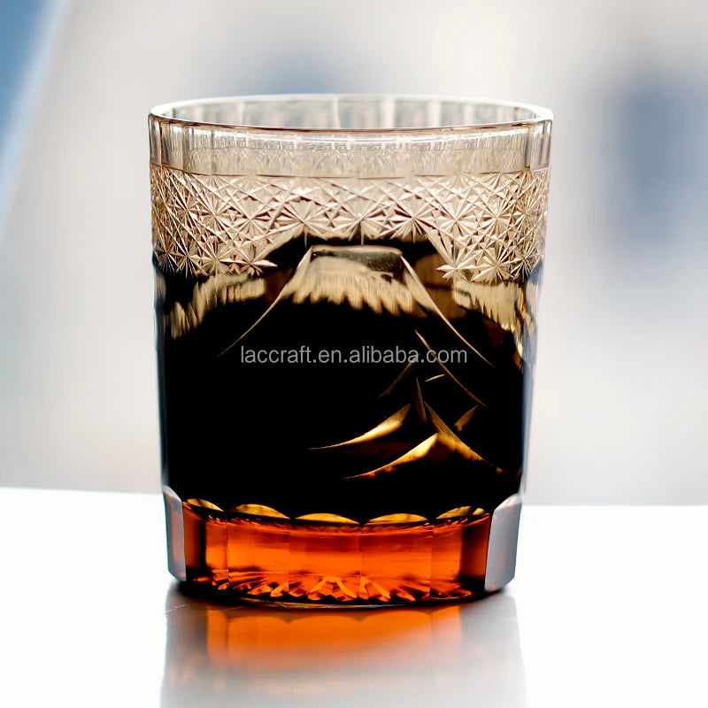 Fuji Mount Pattern Hand-carved Colored Glass Cup 8oz Whisky Cup Old Fashioned Japanese Edo Kiriko Style Glass Tumbler