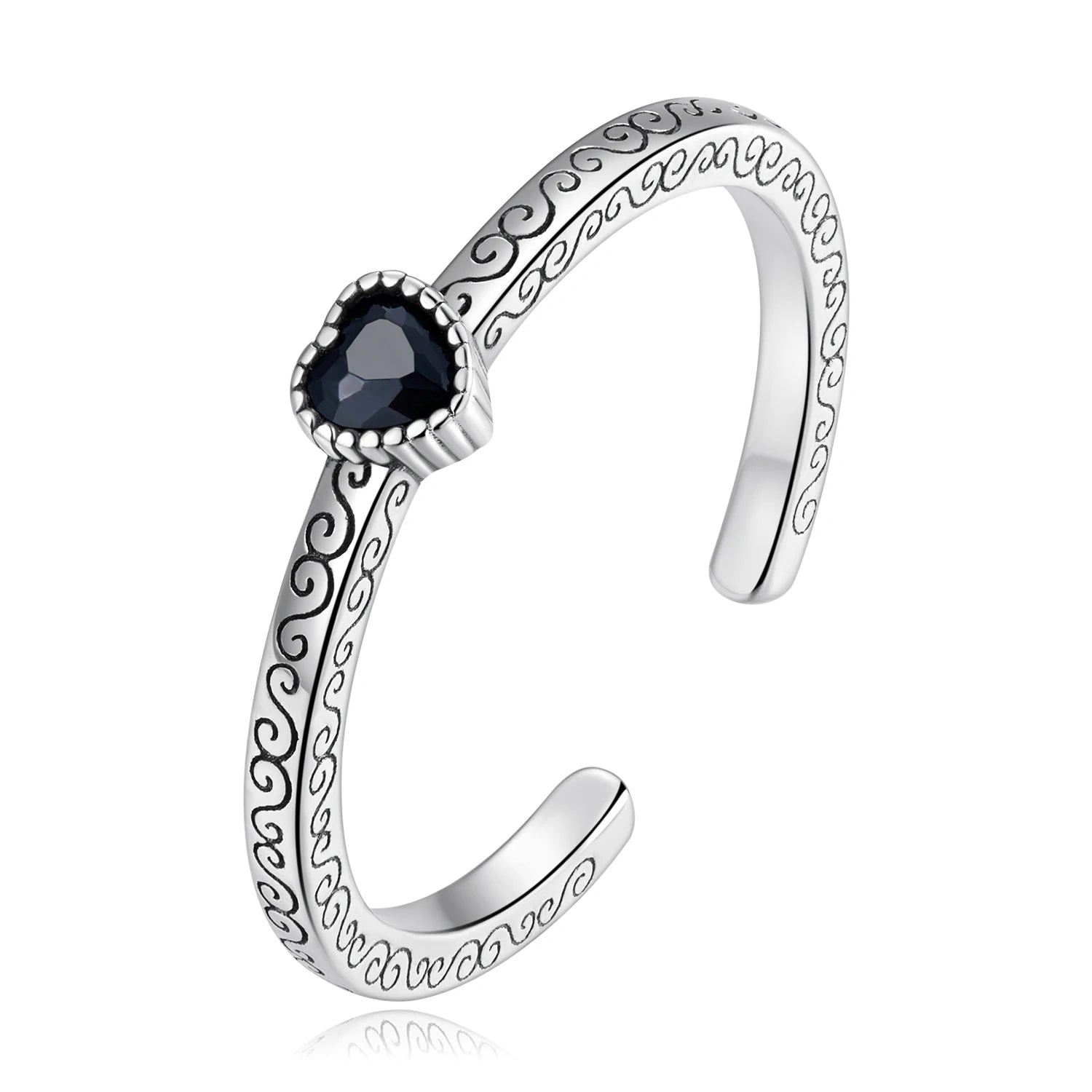Factory Wholesale 925 Sterling Silver Classical Heart Style Black Crystal CZ Rings for Women Retro Flower Pattern Ring SCR878