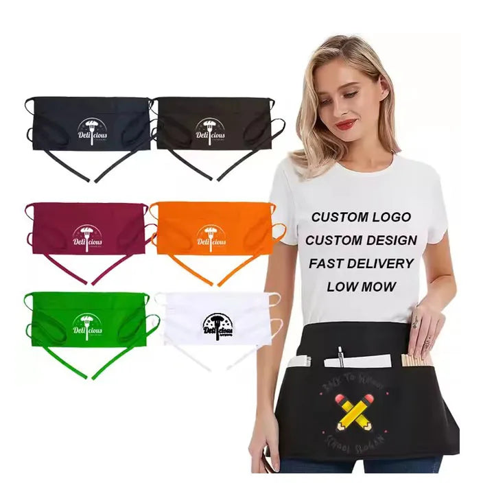 Custom Logo Eco-Friendly Black Half Waist Polyester Cotton Apron for Restaurant Servers Waiters Waitresses Promotional Kitchen
