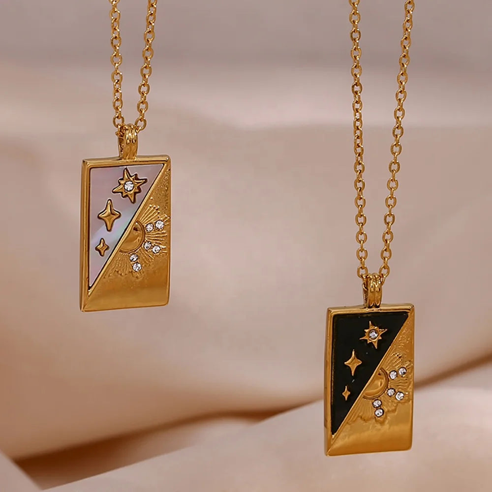 New Design Vintage Shell Sun Star Tarot Necklace 18K Gold Plated Stainless Steel Zircon Necklace