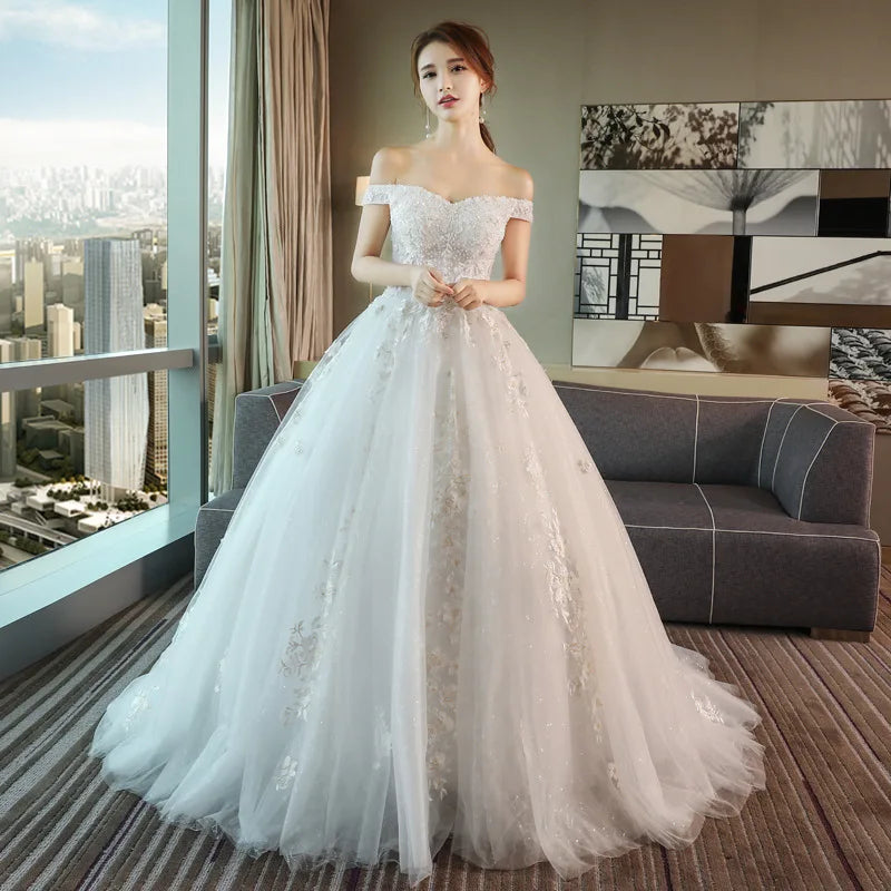 2023 New Arrival off Shoulder Ace Tulle Wedding Dresses Long Tail Vestido De Noiva Bridal Gowns