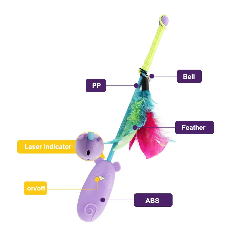 Evernew Eco-Friendly Cute Purple ABS Pet Cat Toy Stick with Bell Feather & Interactive Laser Teaser