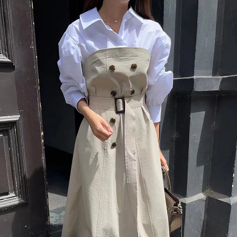 Wholesale 2026 Spring French Style Contrast Color Polo Collar Panel Double Breasted Lace up Waist Show Thin Shirt Women's Dress