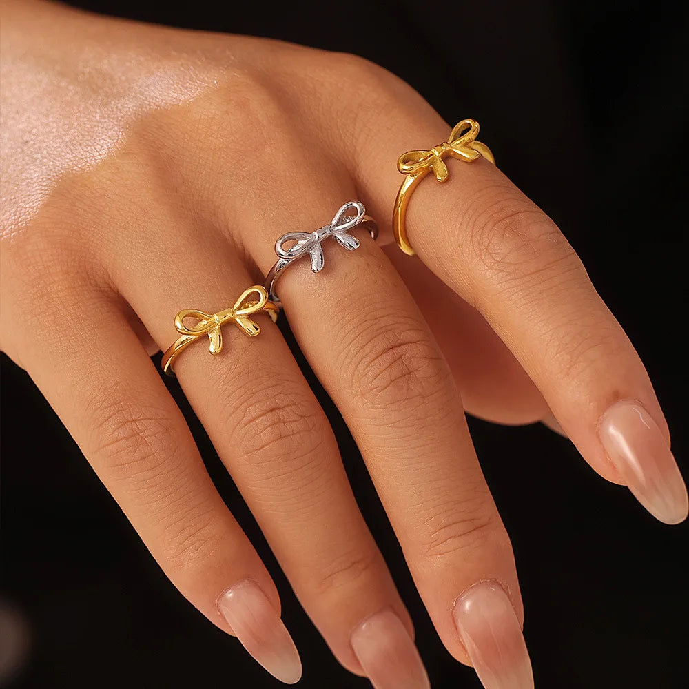Minimalist Wholesale Classic Simple Design Smooth Bowknot Ring PVD 18K Gold Plated Waterproof Stainless Steel Ring for Women