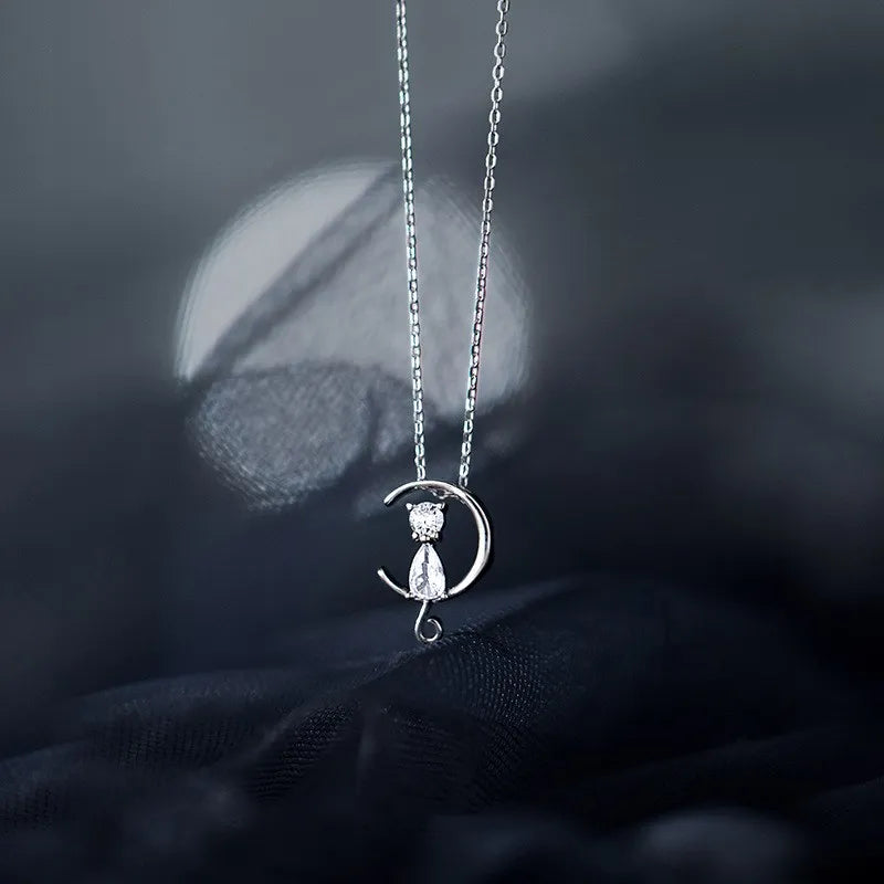 925 Sterling Silver Cubic Zirconia Cat Shape Pendant Necklace Trendy Geometric Necklaces Jewelry for Women