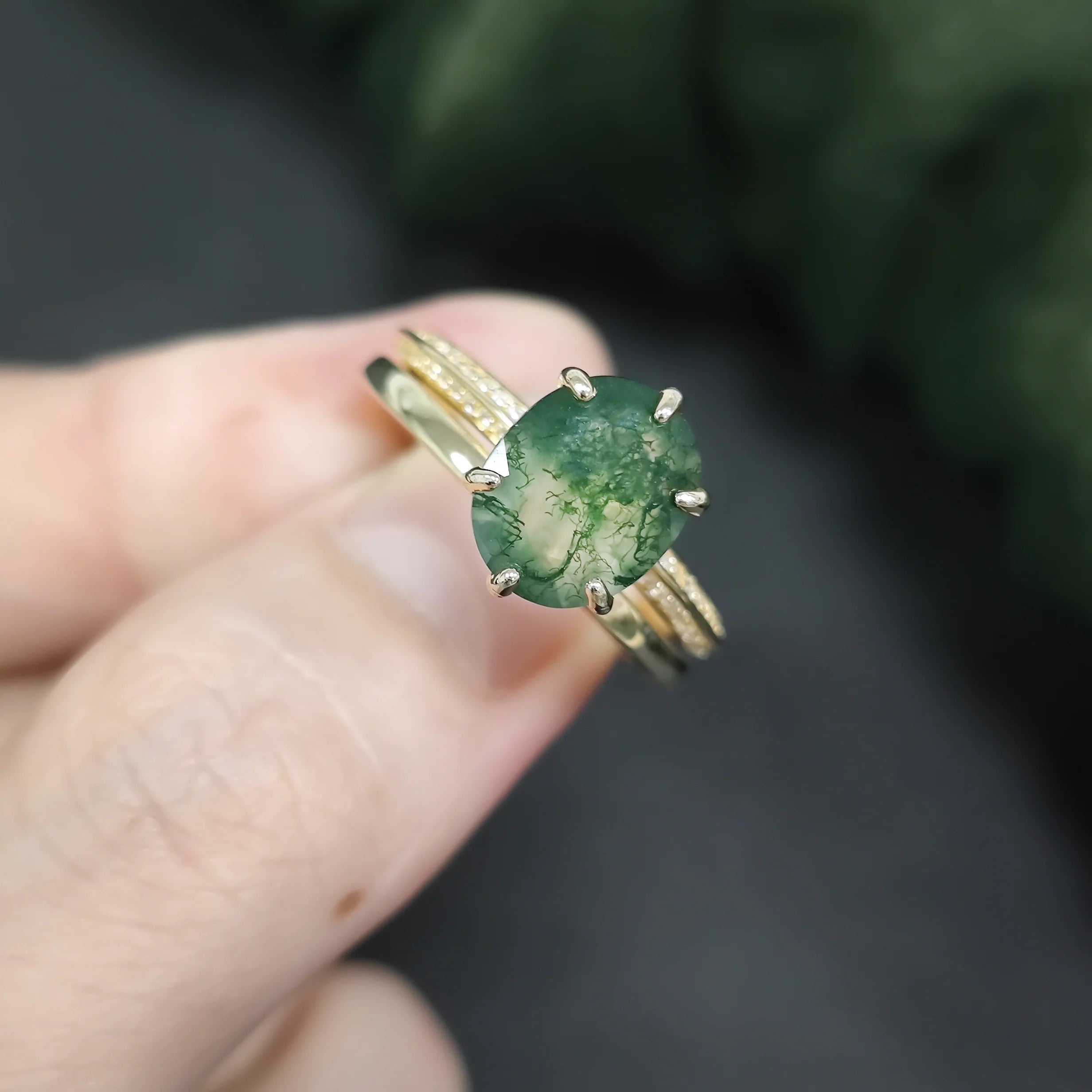 Luxury Fine Jewelry Wholesale Women 14K Gold 925 Sterling Silver Green Moss Agate Engagement Wedding Bridal Ring Set