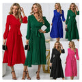 Formal and Generous New Long Sleeve Slim Pleated Belt V-neck A-line Woman Dresses New Arrivals 2023