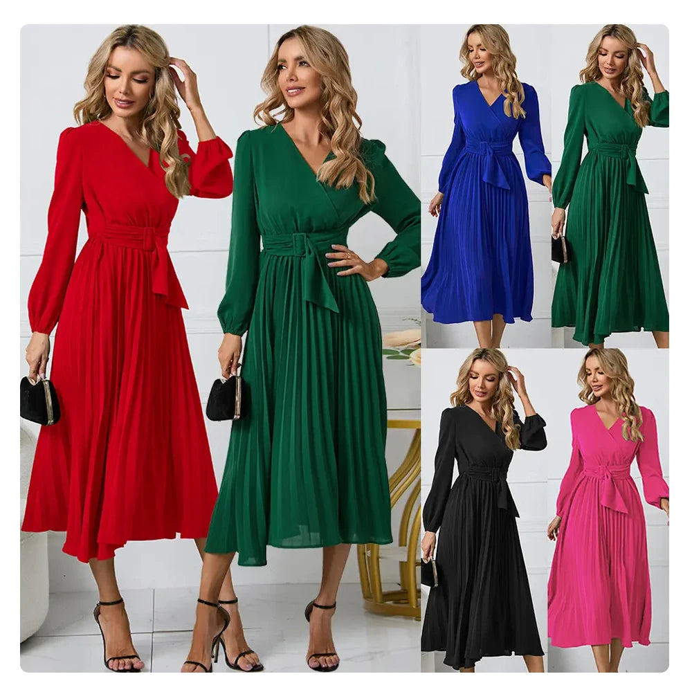 Formal and Generous New Long Sleeve Slim Pleated Belt V-neck A-line Woman Dresses New Arrivals 2023