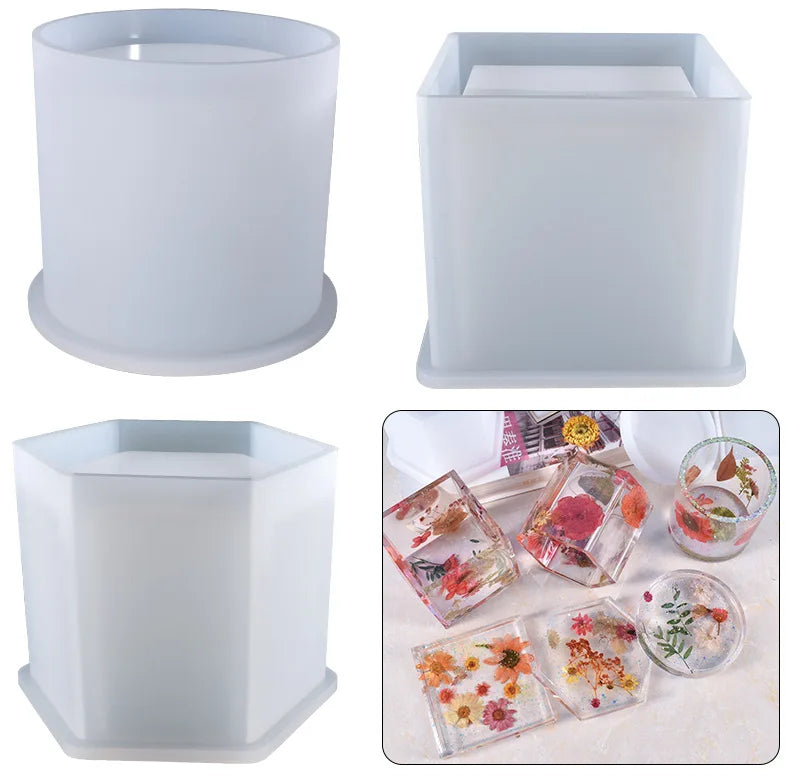 Crystal Epoxy Big Round Square Hexagon Resin Mold Silicone Succulent Flower Pot Mould Pen Holder Molds