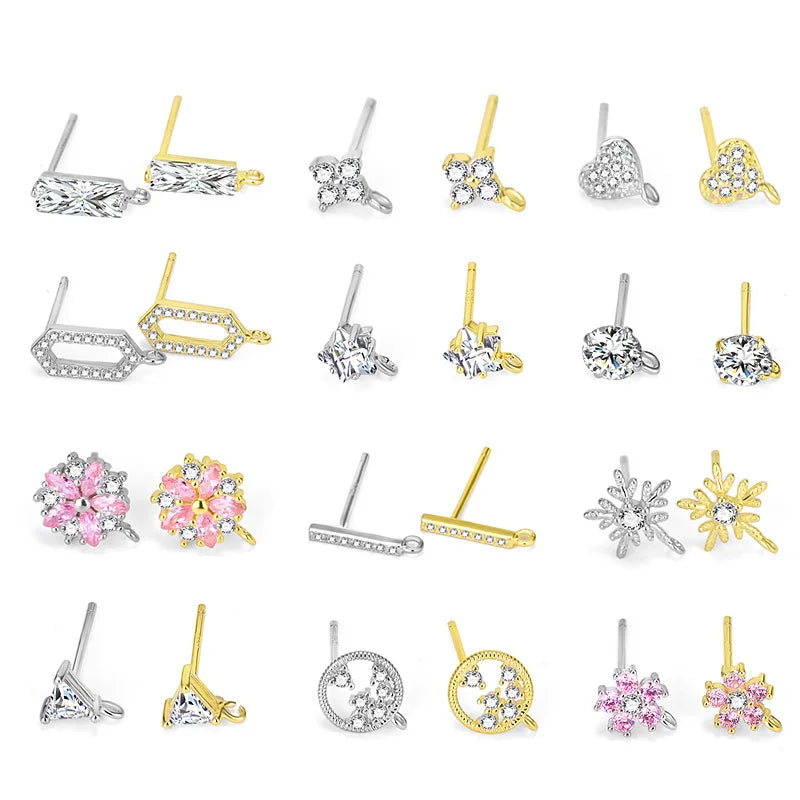 Fine 18k Gold 925 Sterling Silver Stud Ear Blank Base Clear Zircon Earring Findings With Loop for Drop Earrings Making
