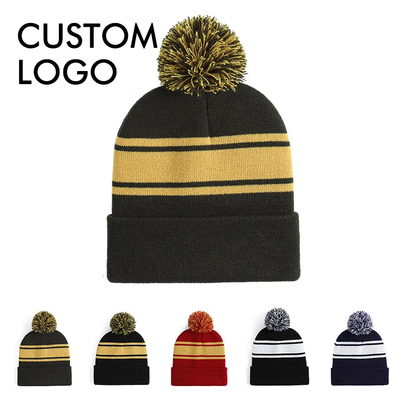Outdoor Ear Protection Warm Knitted Pom Beanies With Custom Logo Jacquard Beanie Pompom