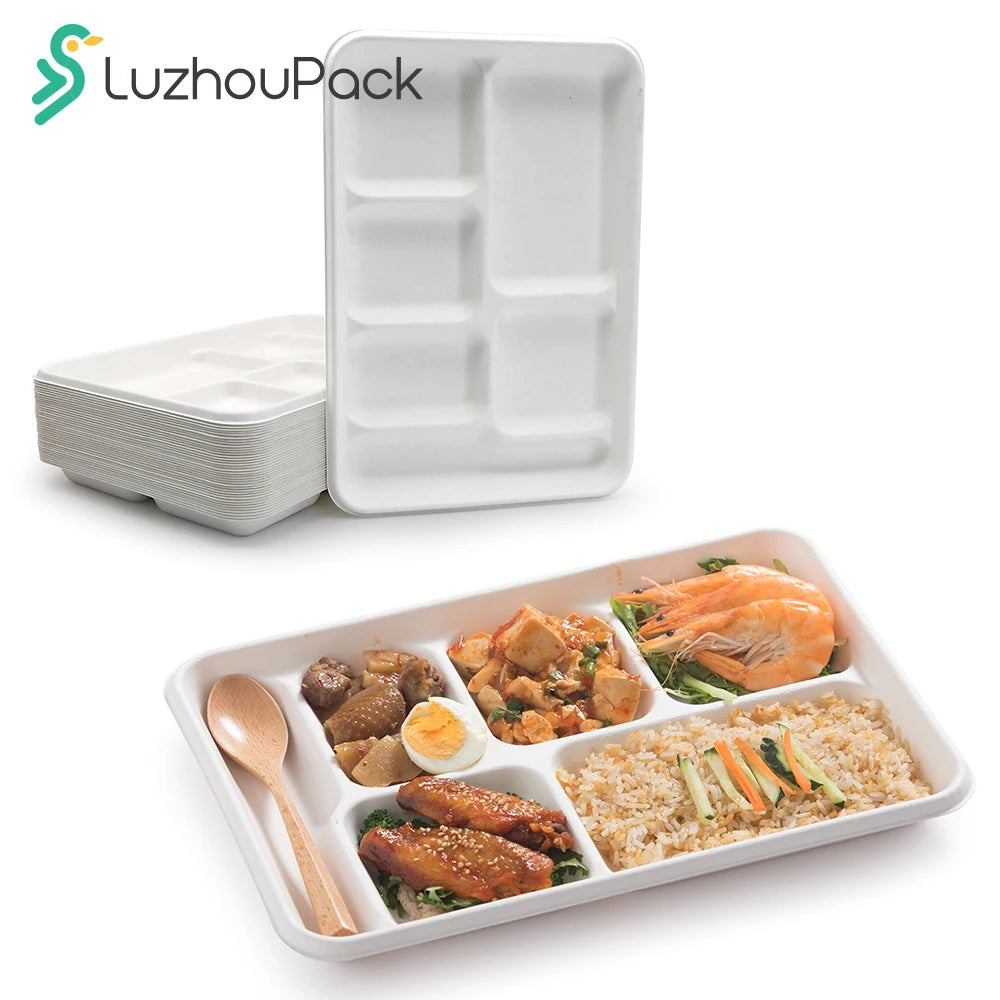 LuzhouPack 6-Comp Biodegradable Compostable Sugarcane Bagasse Custom Waterproof Greaseproof Disposable Food Packaging Fast Food