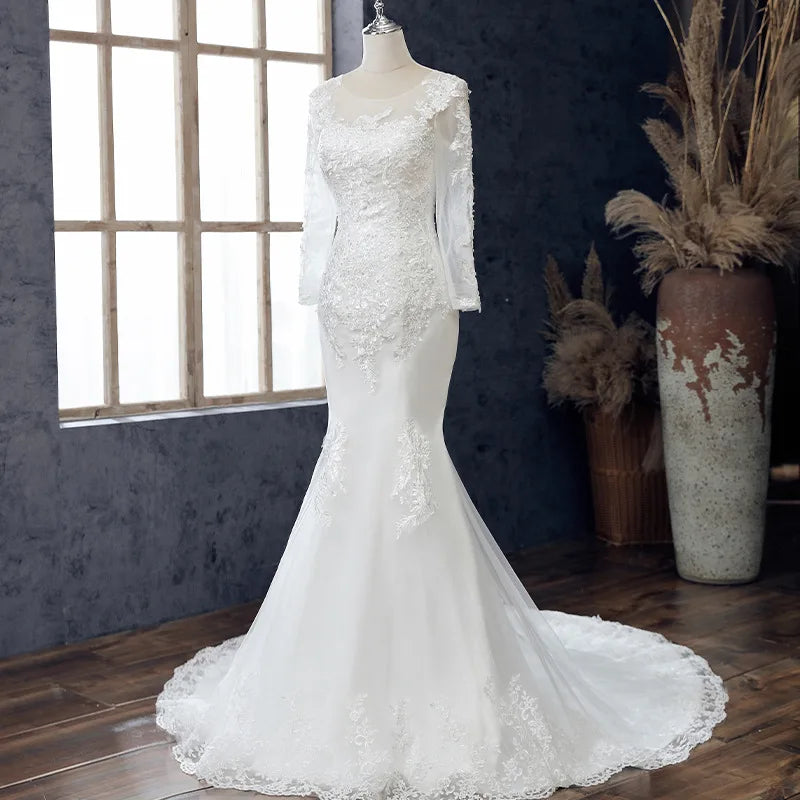 S715A New Simple Long-sleeve Fashion Elegant Bride Mermaid Wedding Dress