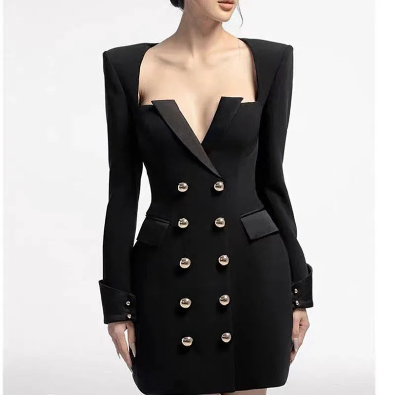 2025 New French Style White Chiffon Dress Solid Mini Long-Sleeved Deep V-Neck Button Single-Breasted Regular Fit Anti-Static