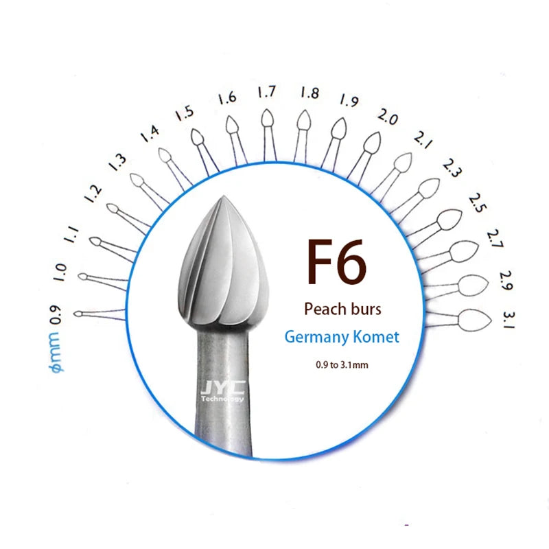JYC 6pcs/set Engraving Rotary Tools Carving Gold Silver Jewelry Diamond Stone Setting Peach Needle Shape Dental Bur