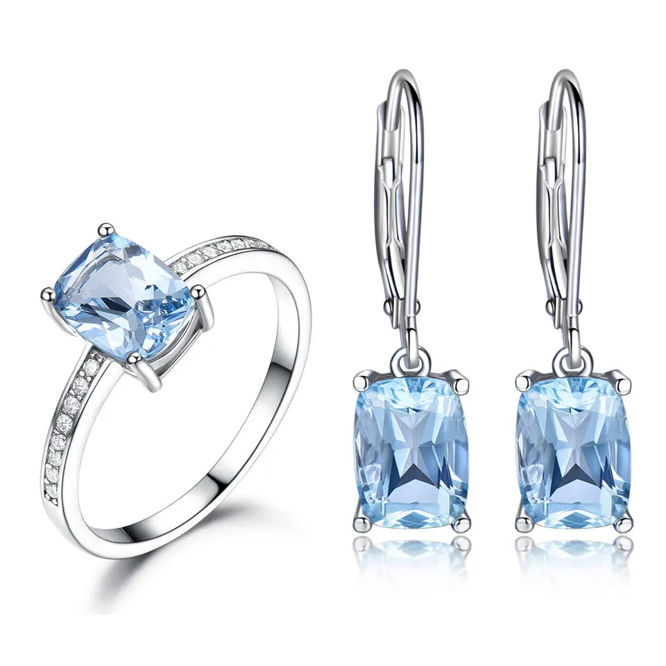 Trendy Square Gemstone Ring Drop Earrings Custom Jewellery 925 Sterling Silver Nano Sky blue Topaz Jewelry Sets