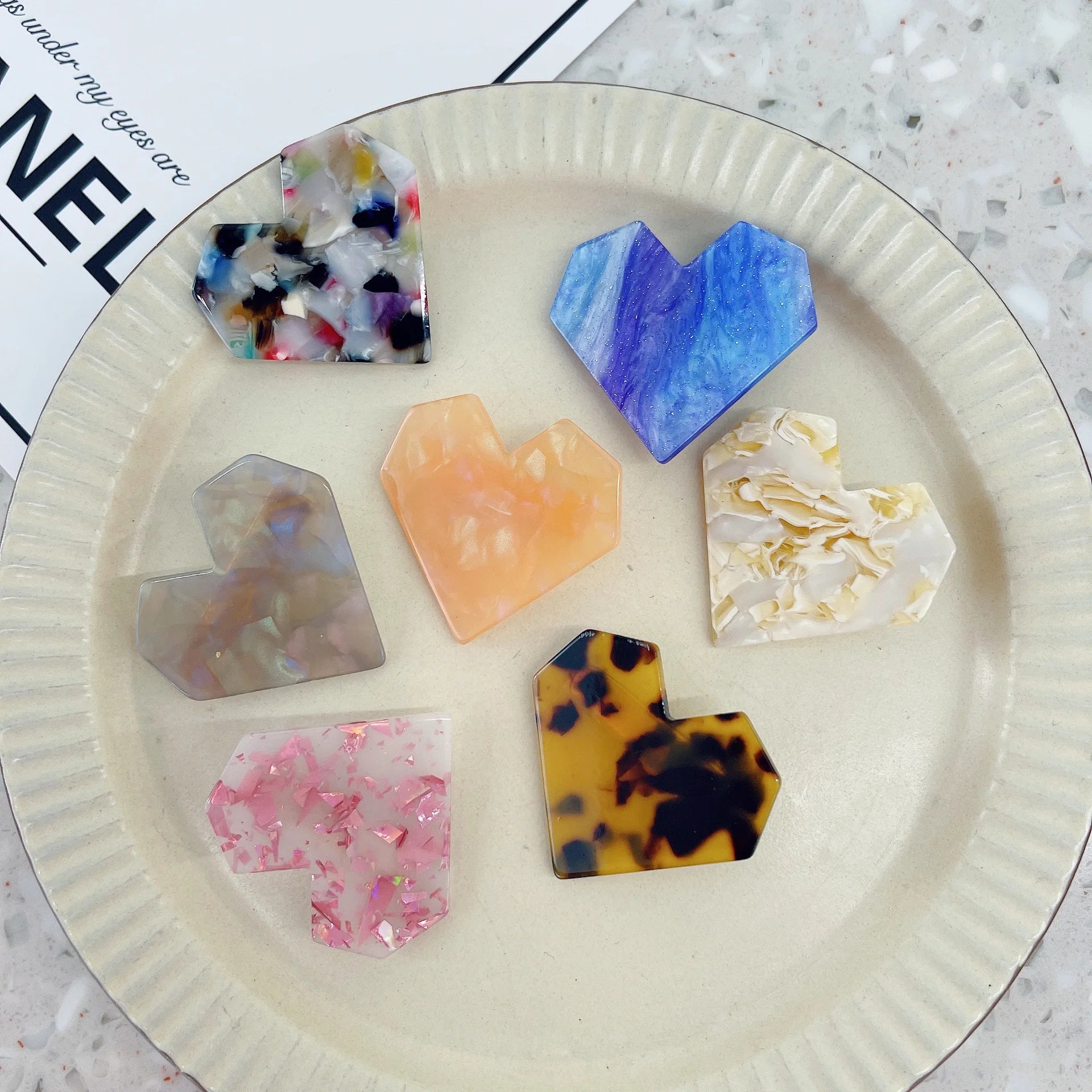 DOWELL Wholesale Korean Shell Glass Delicate Magic Flash Cute Heart Acetate Hair Side Clips