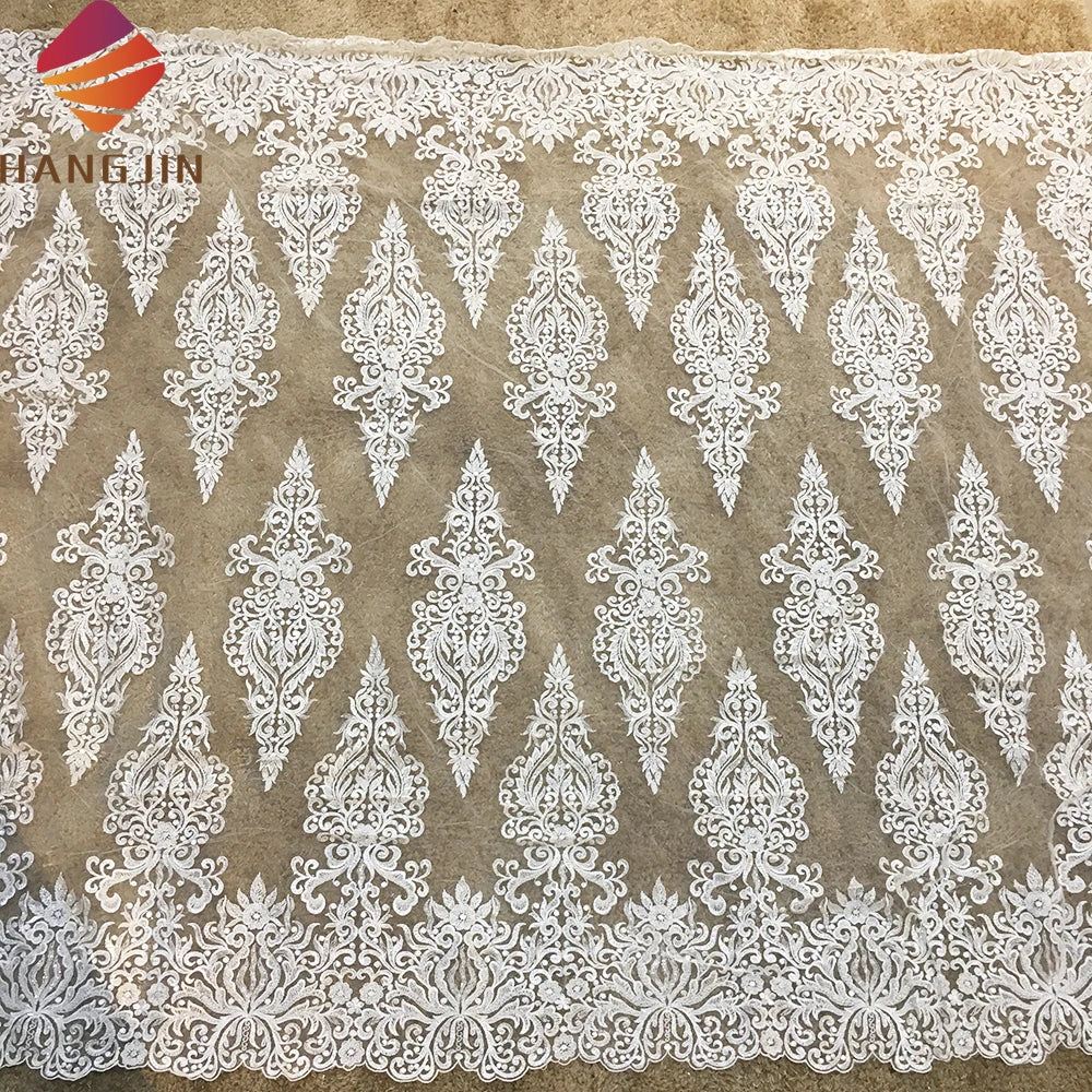 Luxury White Bridal Beads Lace Tulle Fabrics With Shiny Sequins Mesh Fabric for Wedding Dresses Making