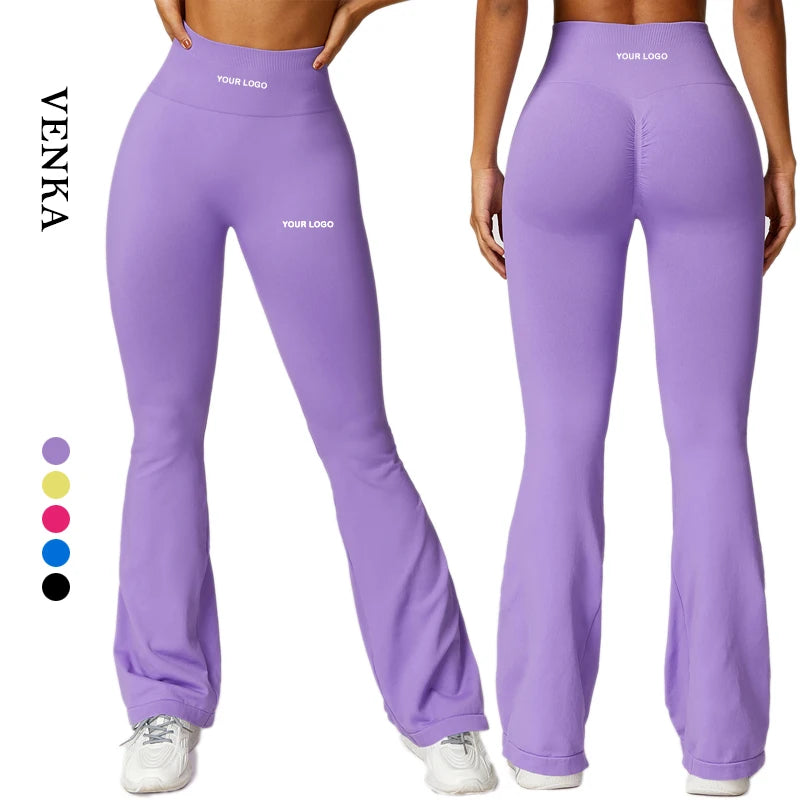 Custom Logo High Waist Women Sportswear Tight Slimming Elastic Seamless Pants Solid Color Gym Fitness Girl Flared Yoga Leggings