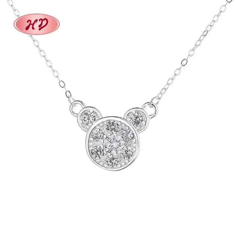 Fine Jewelry for Ladies Single Chain Cubic Zirconia Vintage Little Bear Pattern Silver Necklace
