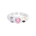 Luxury Pink Zircon Heart Opening Ring 925 Sterling Silver Colorful Cubic Zircon Heart Ring Women