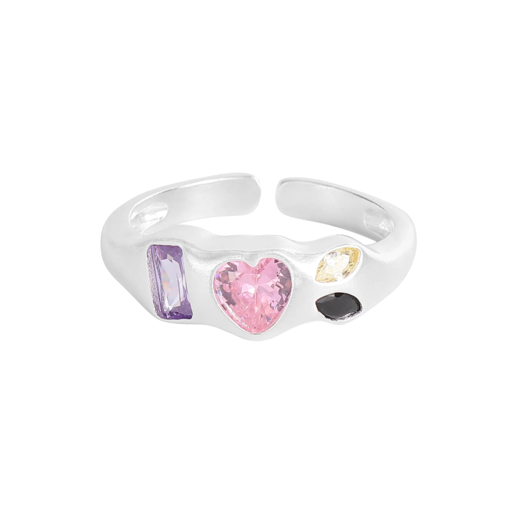Luxury Pink Zircon Heart Opening Ring 925 Sterling Silver Colorful Cubic Zircon Heart Ring Women