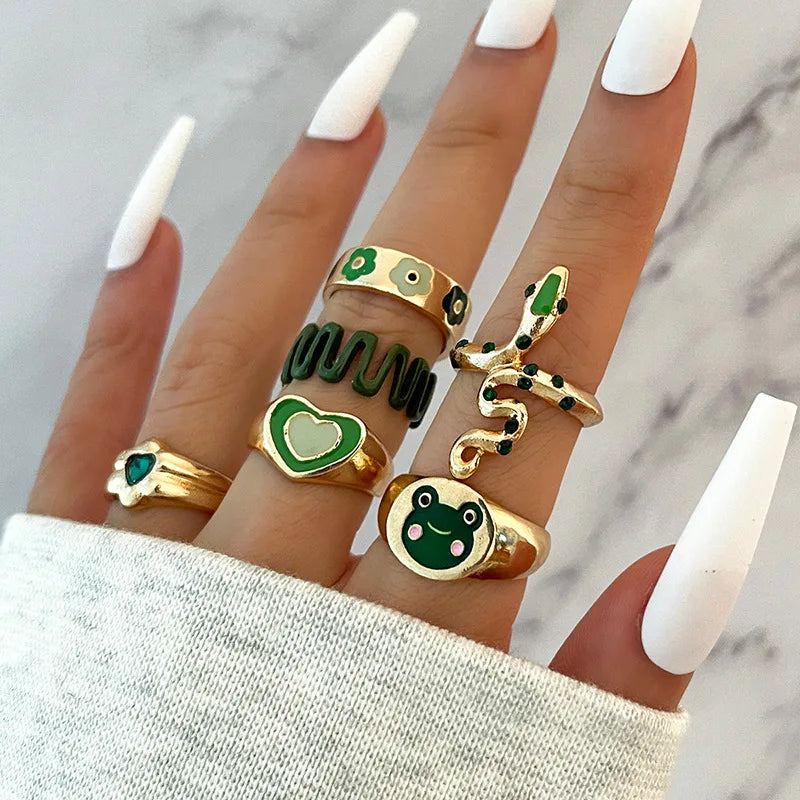 6pcs/set New Arrival Green y2k Snake Gold Rings Cute Heart Cartoon Frog Rings Knuckle Ring Set For Women