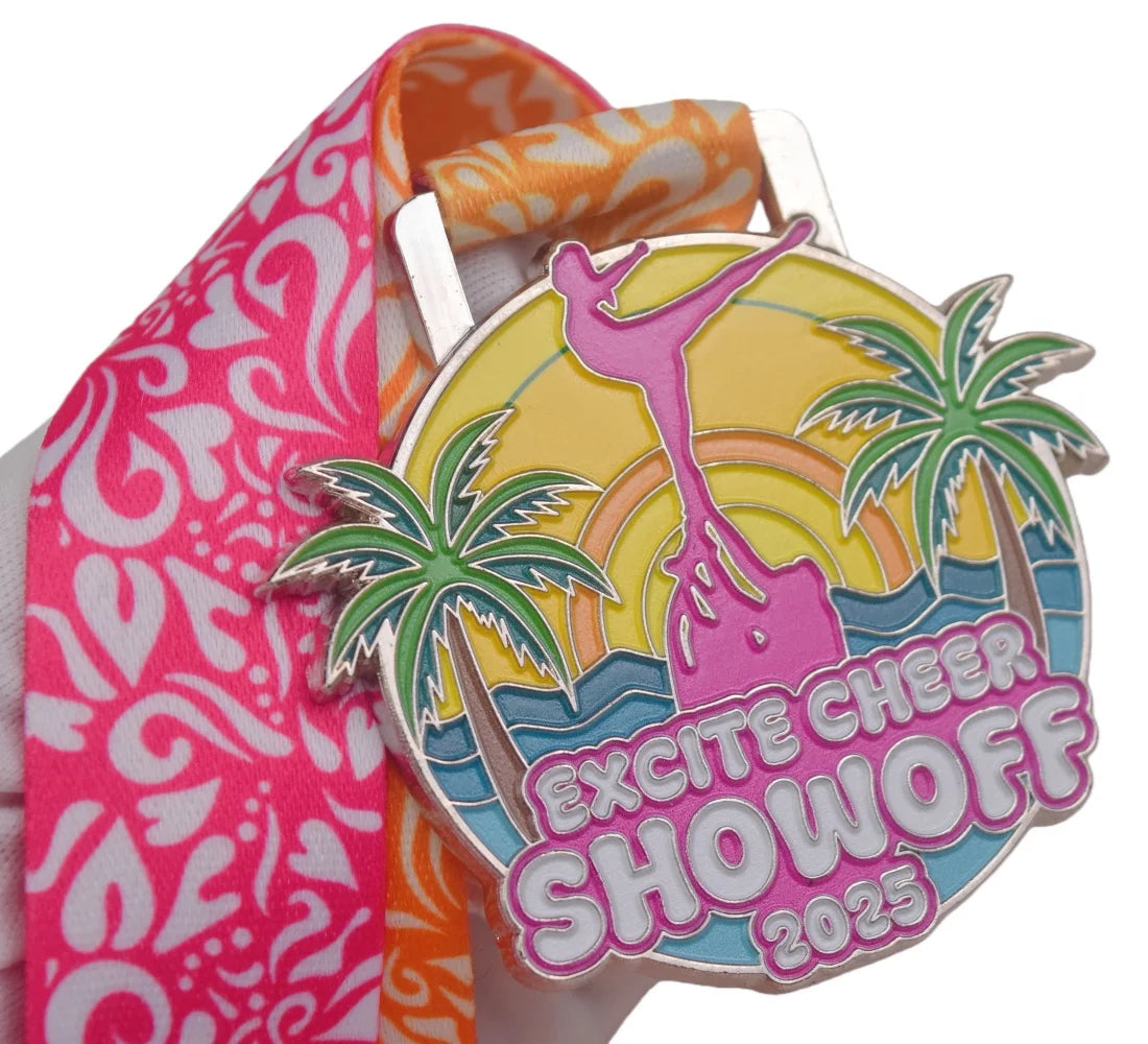 Custom 3D Soft Enamel Cheerleading Medal Excite Cheer Showoff Beach Themed Sports Medal with Full Color Printed Lanyard