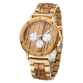 TJW Men's 44mm Dial Display 22mm Band 3bar Pressure Sport Business Wooden Watch Quartz Natural Wood Alloy Case Limited
