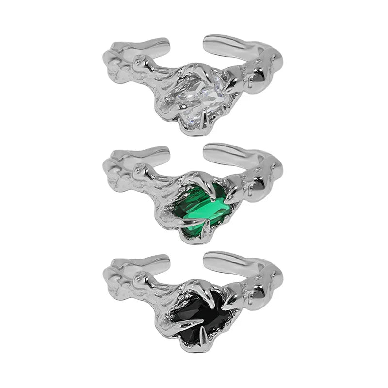 Sterling Silver 925 Irregular Texture Rings with Green Zircon Stone Crystal Jewelry