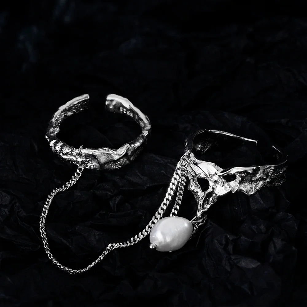Icebela Jewelry Korean Version Niche Design Special Baroque Pearl Double Chain Adjustable Finger 925 Silver Rings for Women