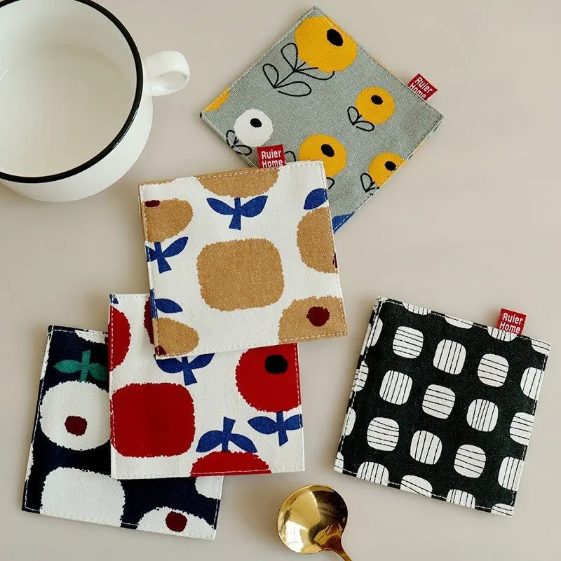 Flower Fabric Cloth Square Linen Coaster Cartoon Style Desktop Decoration Placemat Heat Pad Christmas Gift Kitchen Table Decor