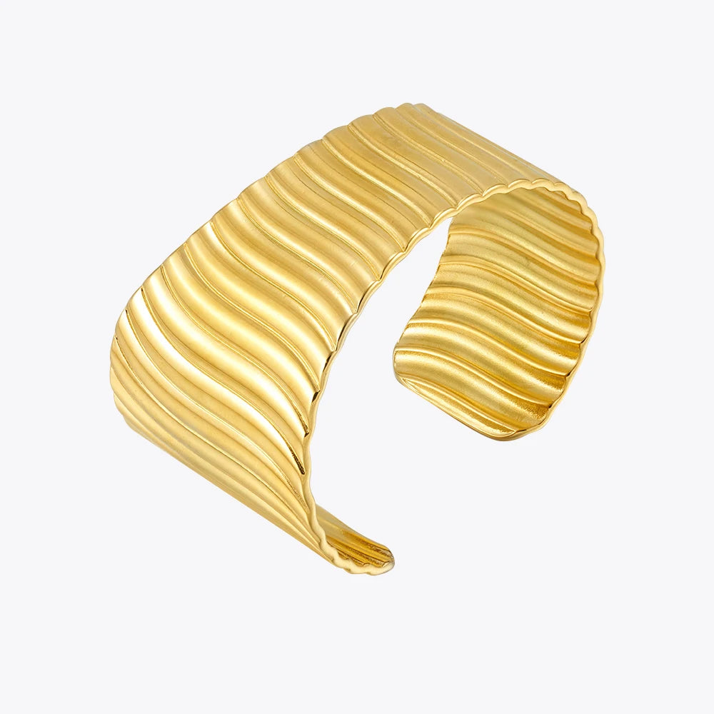 PVD 18K Gold Plated Stainless Steel Jewelry Irregular Open-Ended Vertical Stripes Wide Band Cuff Bangle Punk Bracelet B242473