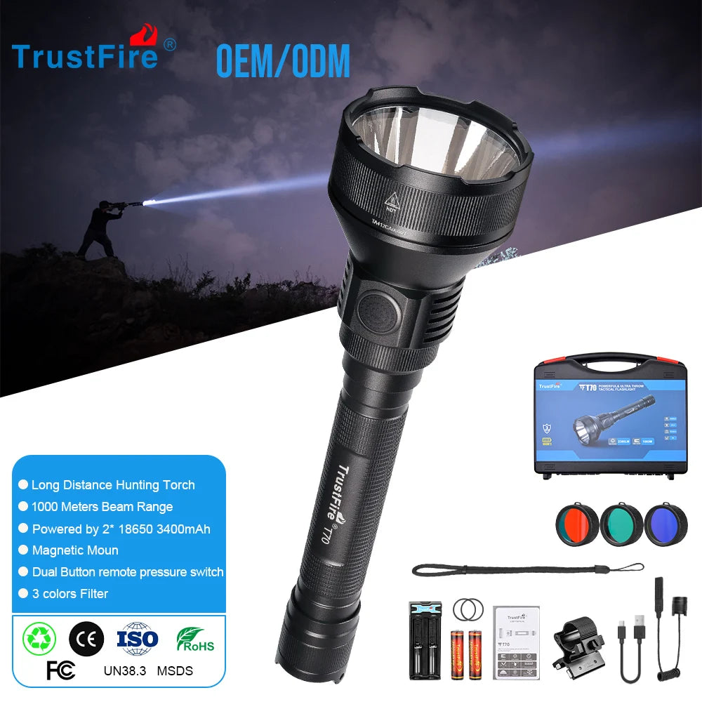 Trustfire High Power 2300 Lumen Aluminum 1000 Meters Long Range Led Tactical Flashlight Rechargeable IP68 Torch for Camping