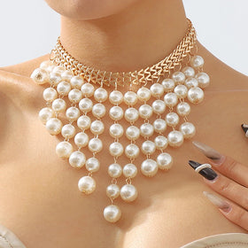 2024 Fashion Jewelry Vintage Pearl Chain Tassel Necklace Fashionable Exaggerated Choker Collar Chain Gold Pearl Necklaces Women