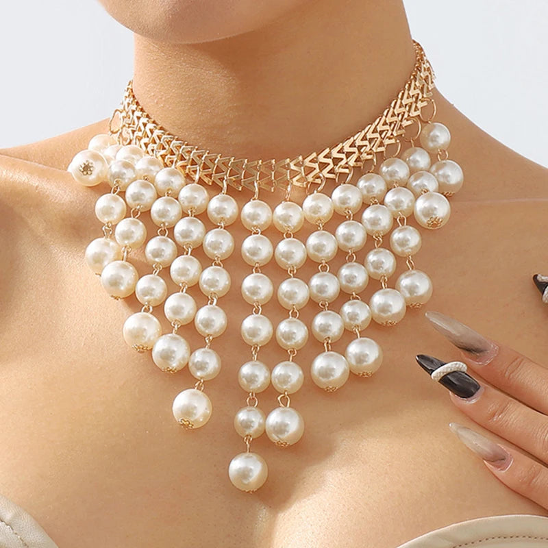 2024 Fashion Jewelry Vintage Pearl Chain Tassel Necklace Fashionable Exaggerated Choker Collar Chain Gold Pearl Necklaces Women