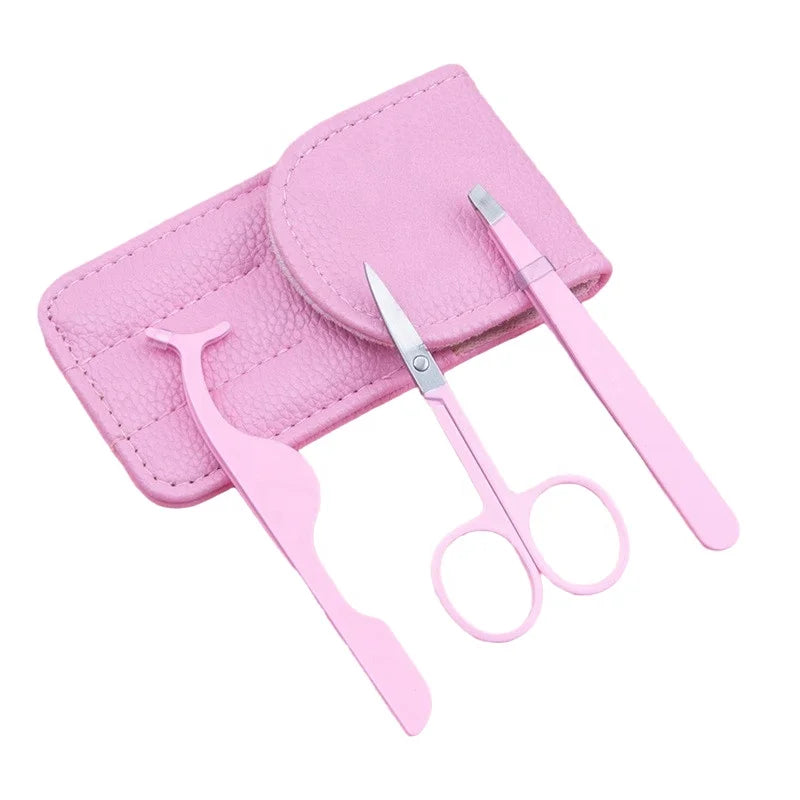 Hot Sale Eyebrow Tweezers Set Curved Brow Scissors With Pink Travel Case Eyelash Tweezers Set