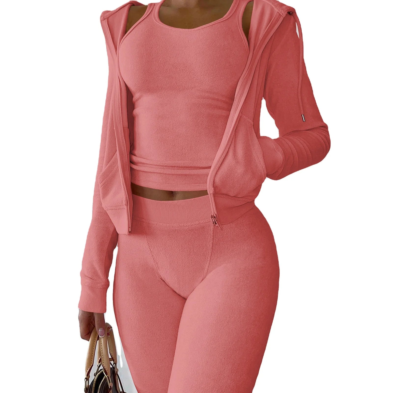 L230741 Casual Women Fall Sets 2025 Toweling Tank Top Full Zip Hoodie And Sweat Leggings Pants 3 Piece Hoodie Set Sweatsuit Sets