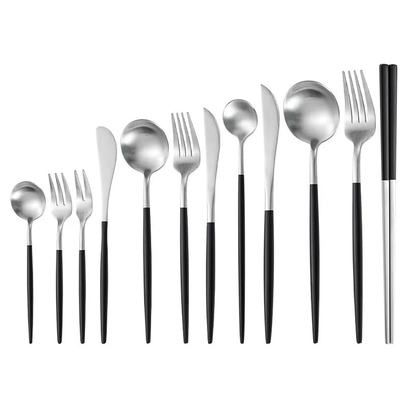 18/8 Matte Stainless Steel Flatware 12 Pcs Set Knife Fork Spoon Chopsticks Silverware Restaurant Cutlery Set