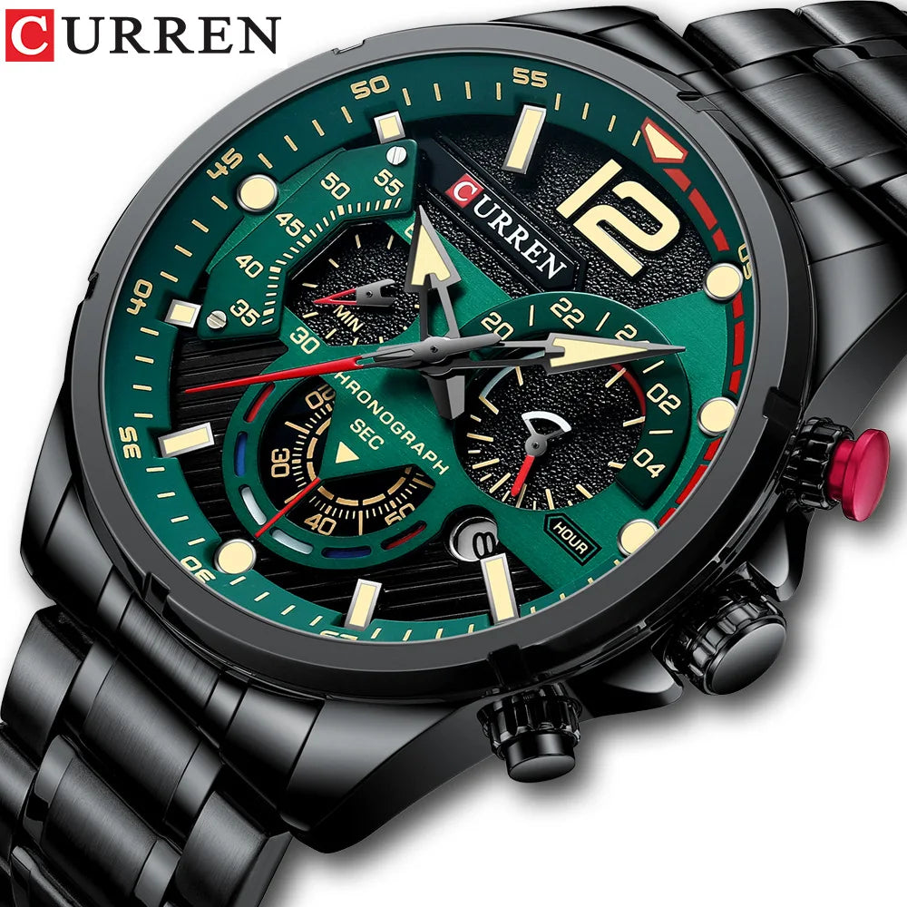 CURREN Luxury Quartz Watch for Men Green Sport Chronograph Mens Watches Date Stand Oval Dial Business Wristwatch Male Gift 8395